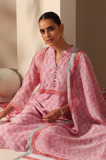 Murraya Rose Pink Mirrorwork Chanderi Kurta Set of 3