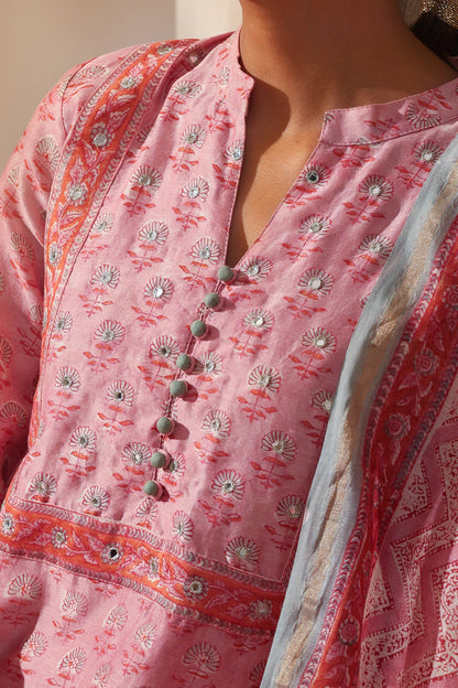 Murraya Rose Pink Mirrorwork Chanderi Kurta Set of 3