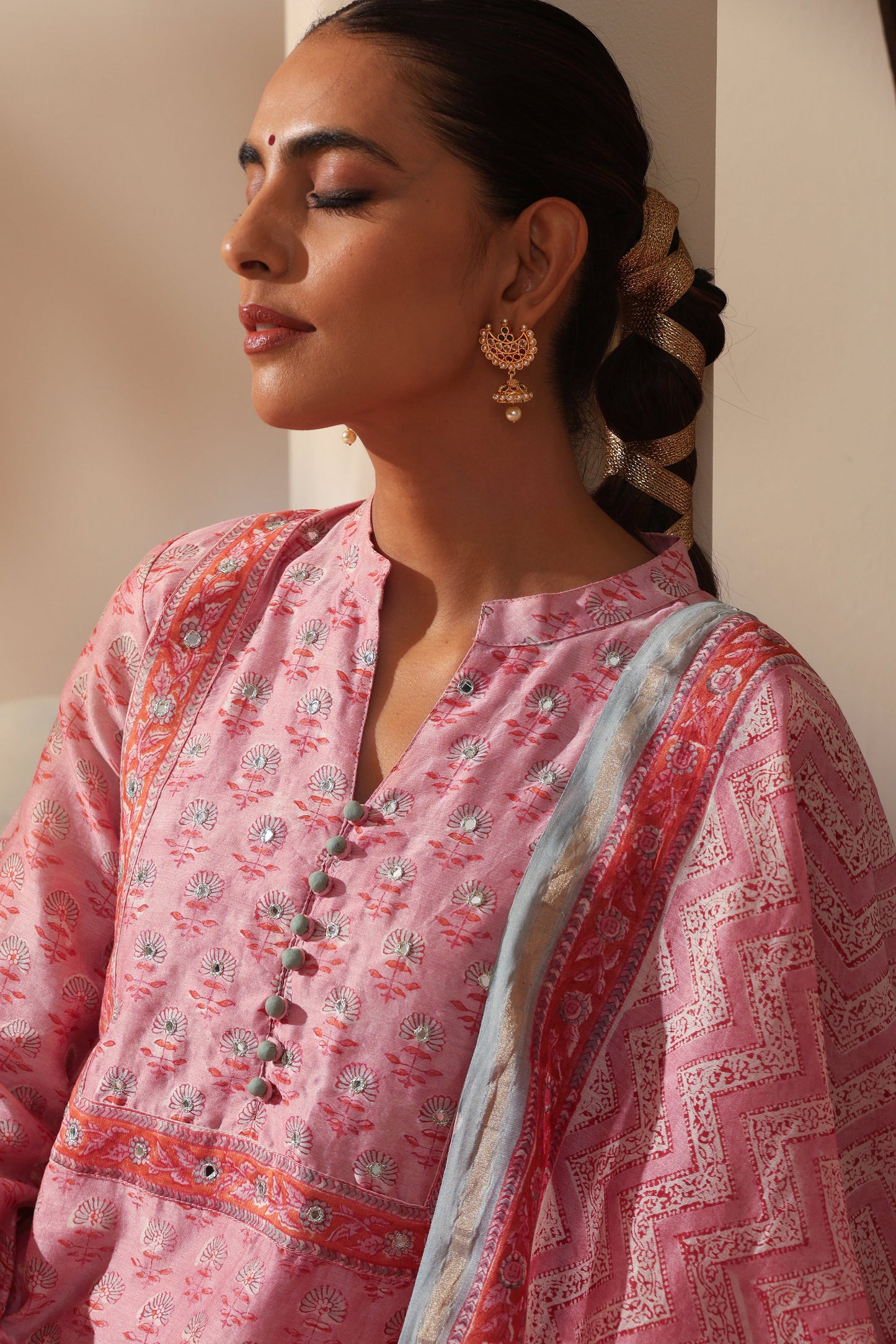 Murraya Rose Pink Mirrorwork Chanderi Kurta Set of 3