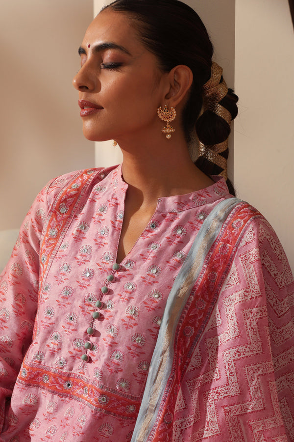Murraya Rose Pink Mirrorwork Chanderi Kurta Set of 3