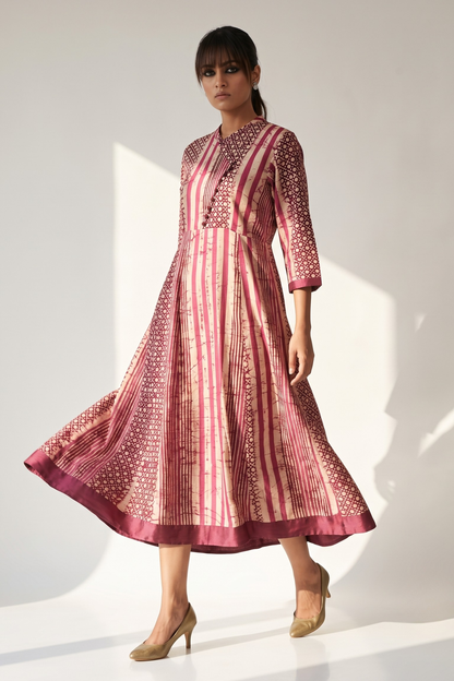 Plum Wine Stripe & Dots Batik Cross Potli Angrakha Kurta Mc