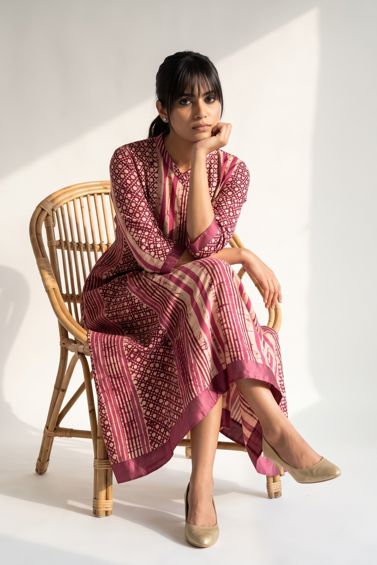 Plum Wine Stripe & Dots Batik Cross Potli Angrakha Kurta Mc