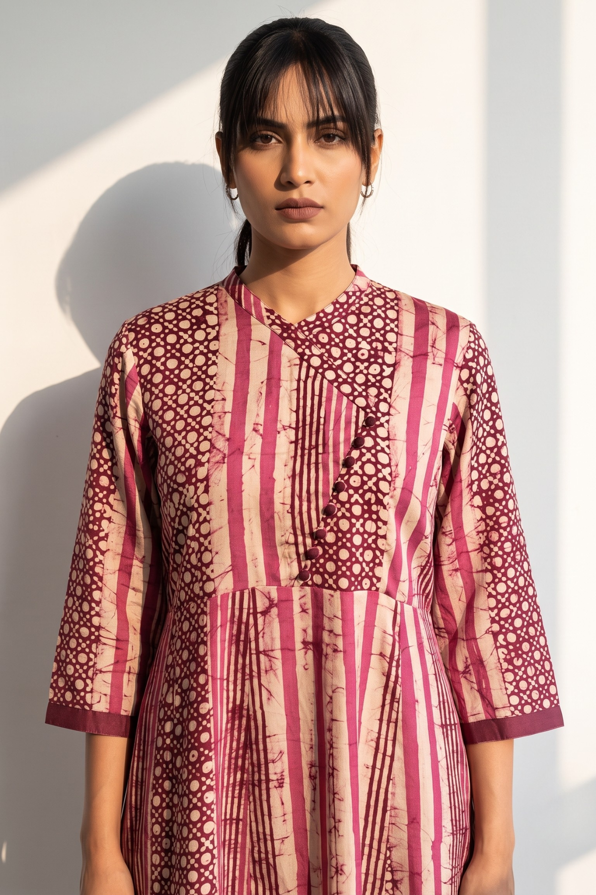Plum Wine Stripe & Dots Batik Cross Potli Angrakha Kurta Mc