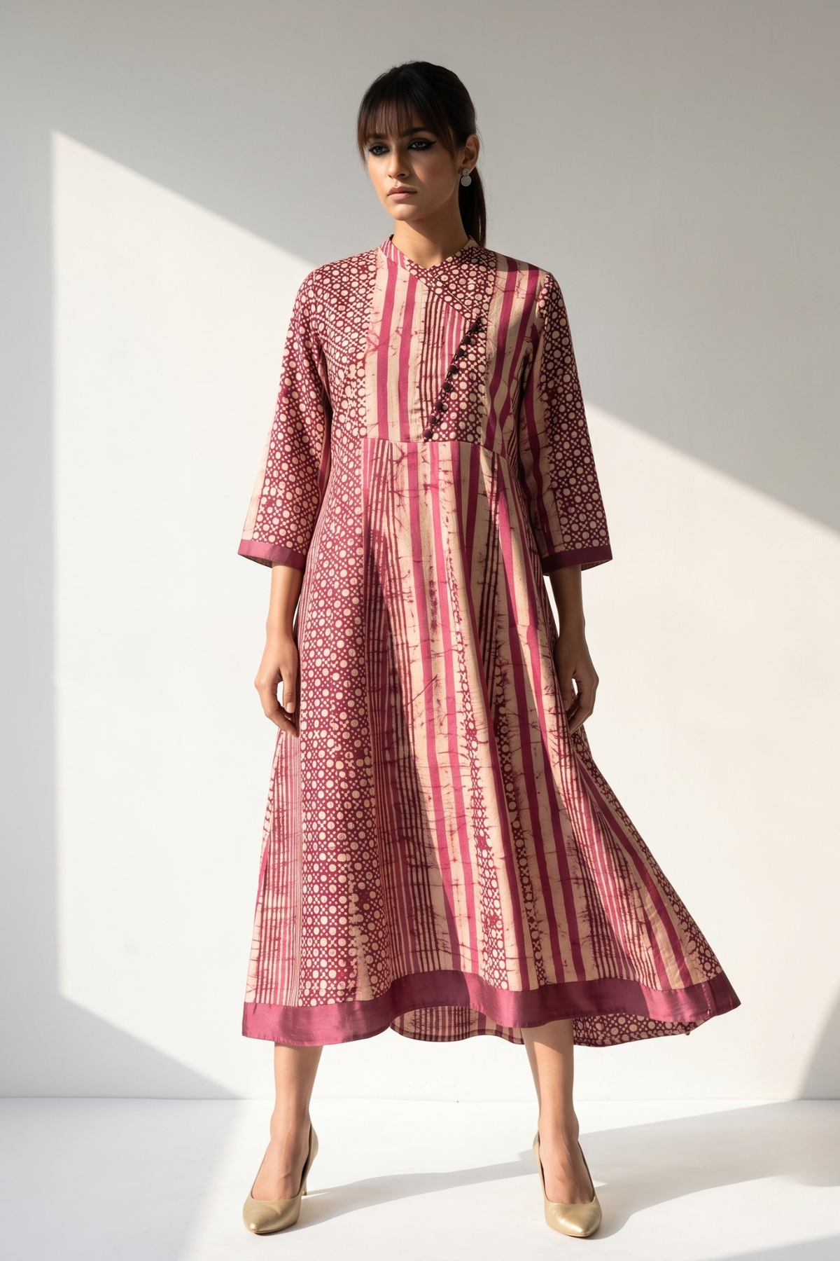 Plum Wine Stripe & Dots Batik Cross Potli Angrakha Kurta Mc