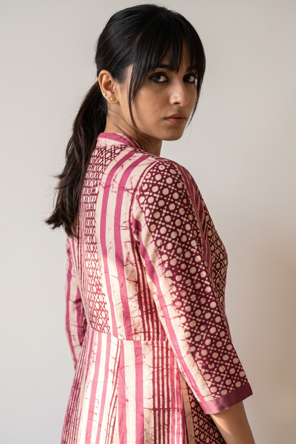 Plum Wine Stripe & Dots Batik Cross Potli Angrakha Kurta Mc