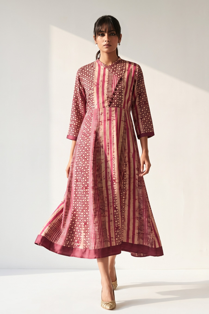 Plum Wine Stripe & Dots Batik Cross Potli Angrakha Kurta Mc