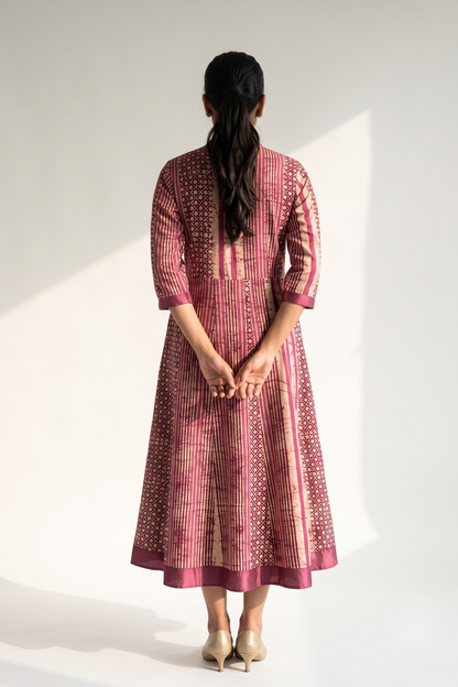 Plum Wine Stripe & Dots Batik Cross Potli Angrakha Kurta Mc