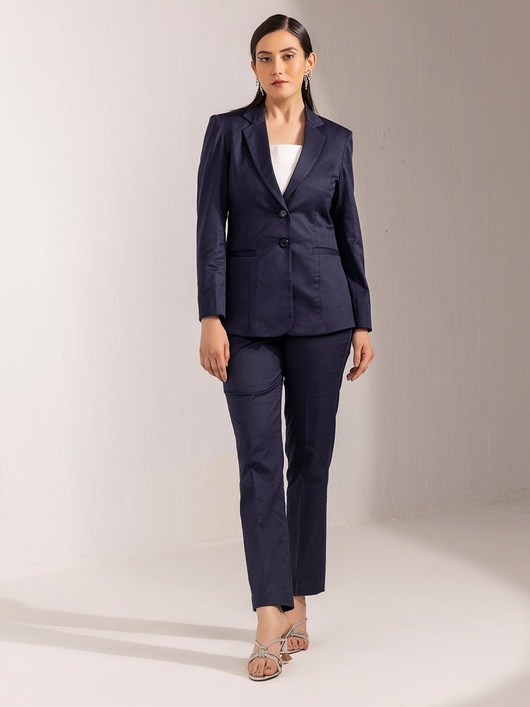 Poly Cotton Pant Suit - Navy Blue