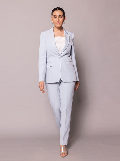 Notch Collar Stretch Pant Suit- Ice Blue