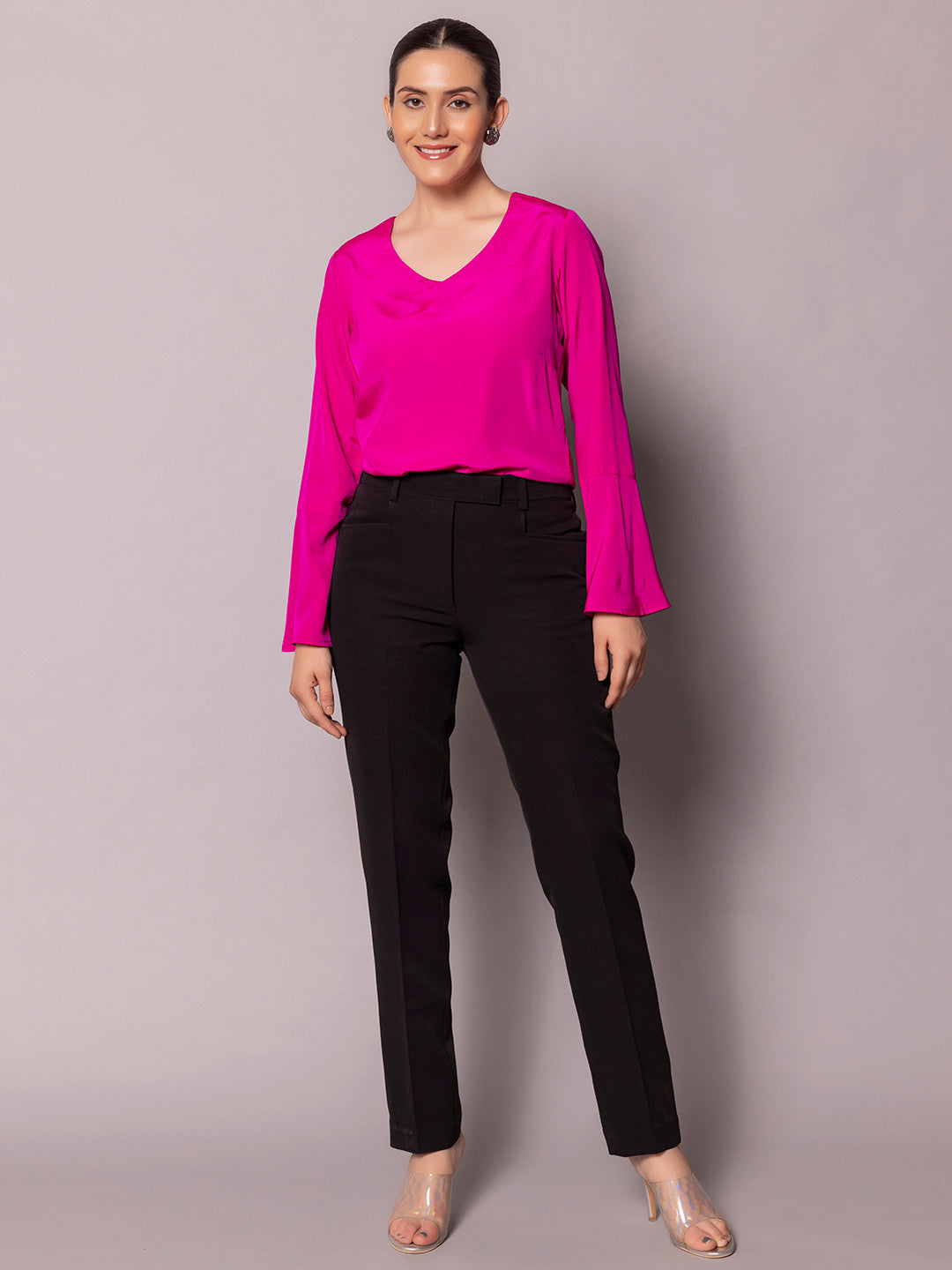 Regular Fit Bell Sleeves Crepe Top- Hot Pink