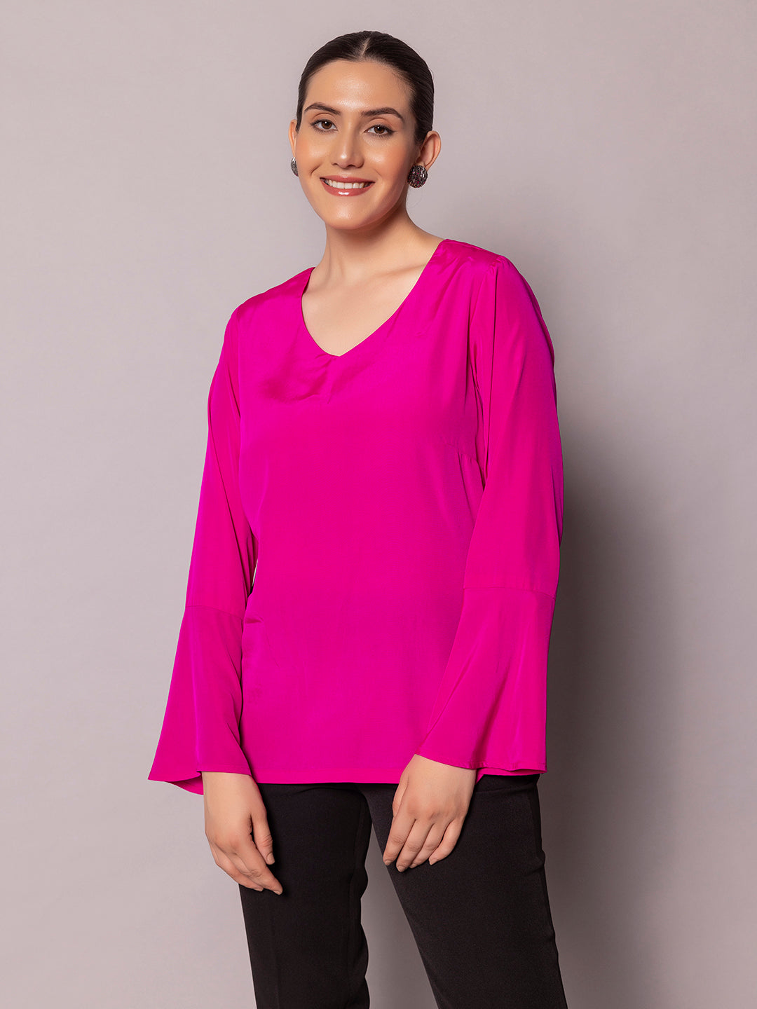 Regular Fit Bell Sleeves Crepe Top- Hot Pink