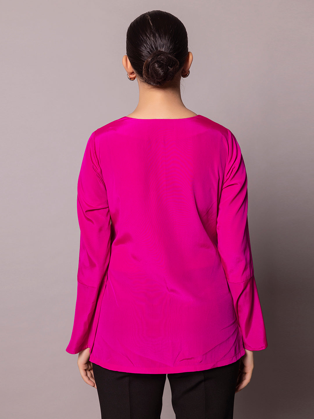 Regular Fit Bell Sleeves Crepe Top- Hot Pink