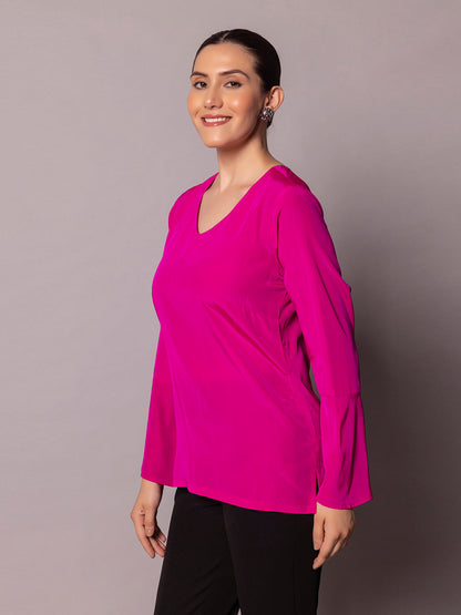 Regular Fit Bell Sleeves Crepe Top- Hot Pink