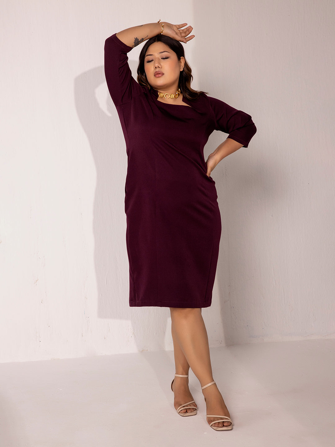 Slim Fit Pencil Stretch Dress - Wine