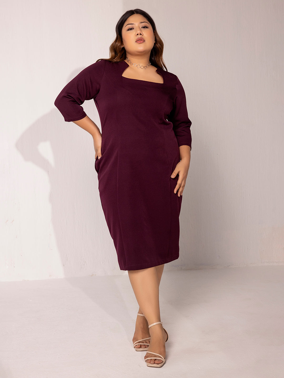 Slim Fit Pencil Stretch Dress - Wine