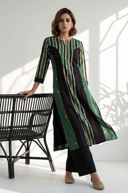 Princess Cut Panel Kurta In Verdant Green And Dotted Landscape Mc