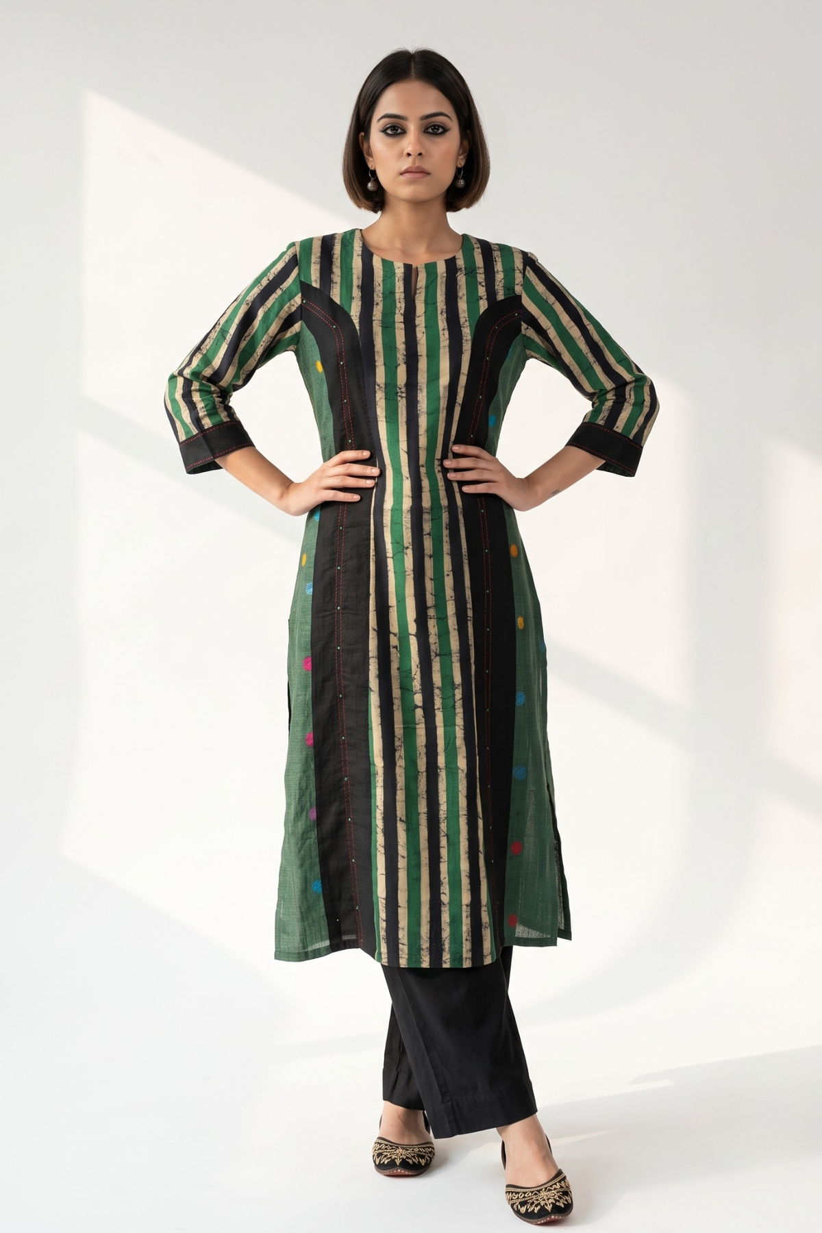 Princess Cut Panel Kurta In Verdant Green And Dotted Landscape Mc