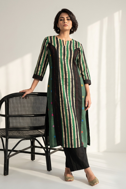 Princess Cut Panel Kurta In Verdant Green And Dotted Landscape Mc