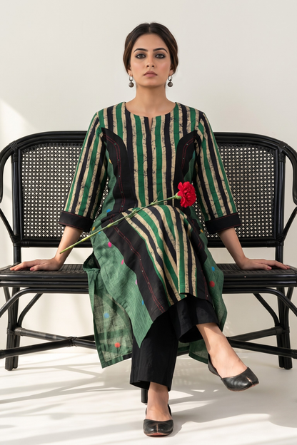 Princess Cut Panel Kurta In Verdant Green And Dotted Landscape Mc