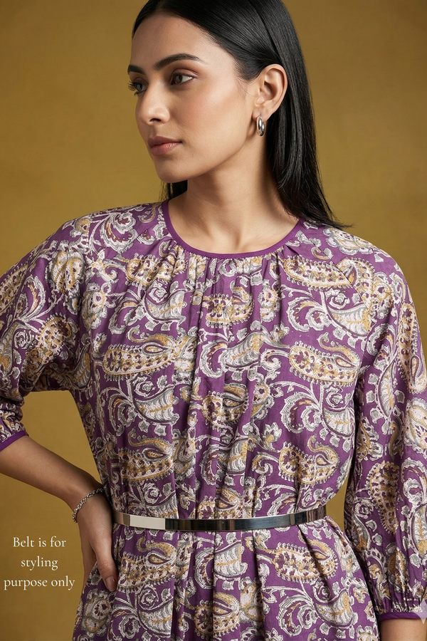 Saffron Purple Paisley Garden Cotton Midi Gather Dress Mc