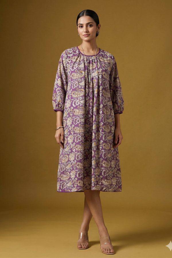 Saffron Purple Paisley Garden Cotton Midi Gather Dress Mc