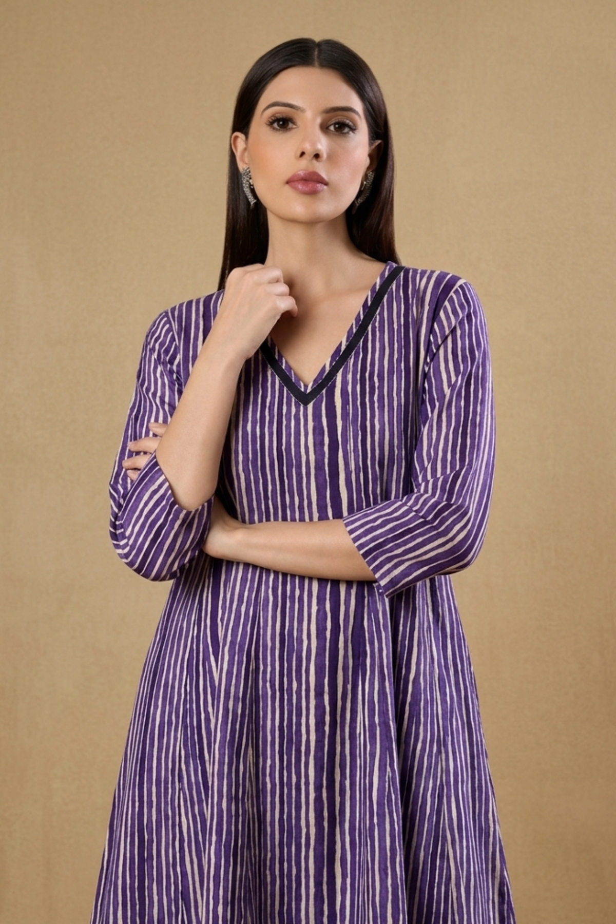 Purple Rhythm Cotton Satin Long Maxi Dress With Sleeves Mc