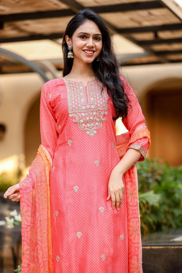 Meeval Chinon 3PC Set With Heavy Zari Work and Chinon Bandhej Dupatta LP