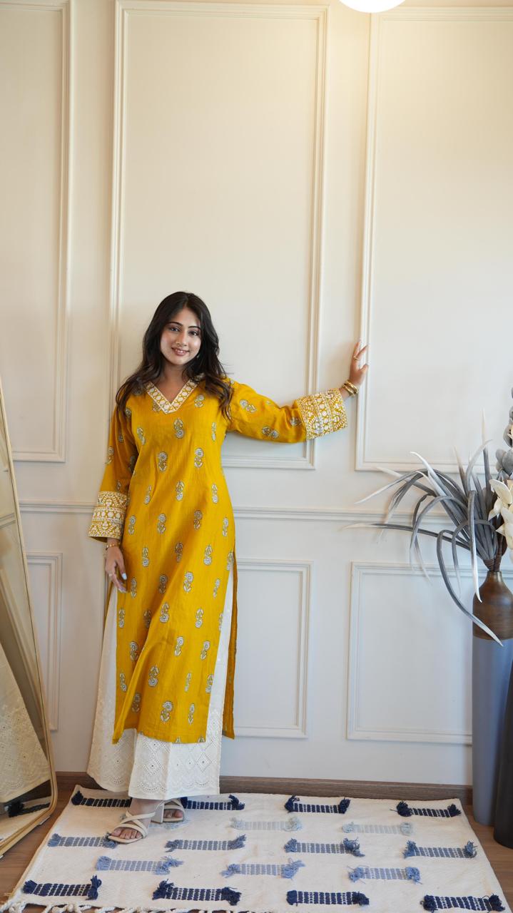 Meeval Cotton Slub 2PC Set With Embroidered Chickankari Palazzo LP