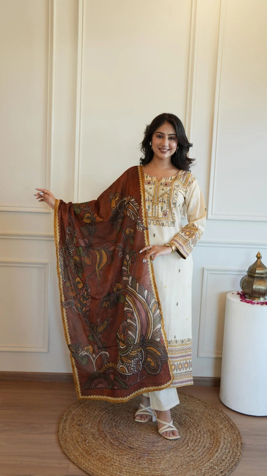 Meeval Kalamkari 3PC Set in Hand Work and Kalamkari Printed Dupatta LP
