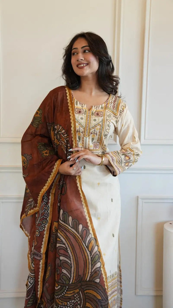 Meeval Kalamkari 3PC Set in Hand Work and Kalamkari Printed Dupatta LP