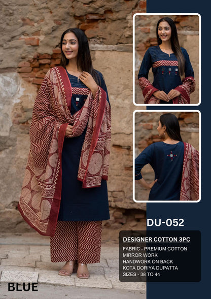 Meeval Designer Cotton 3 Pc  Set With Mirror Work and Kota Doriya Dupatta LP