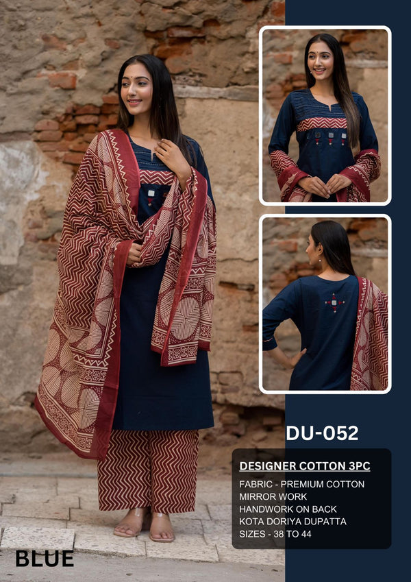 Meeval Designer Cotton 3 Pc  Set With Mirror Work and Kota Doriya Dupatta LP