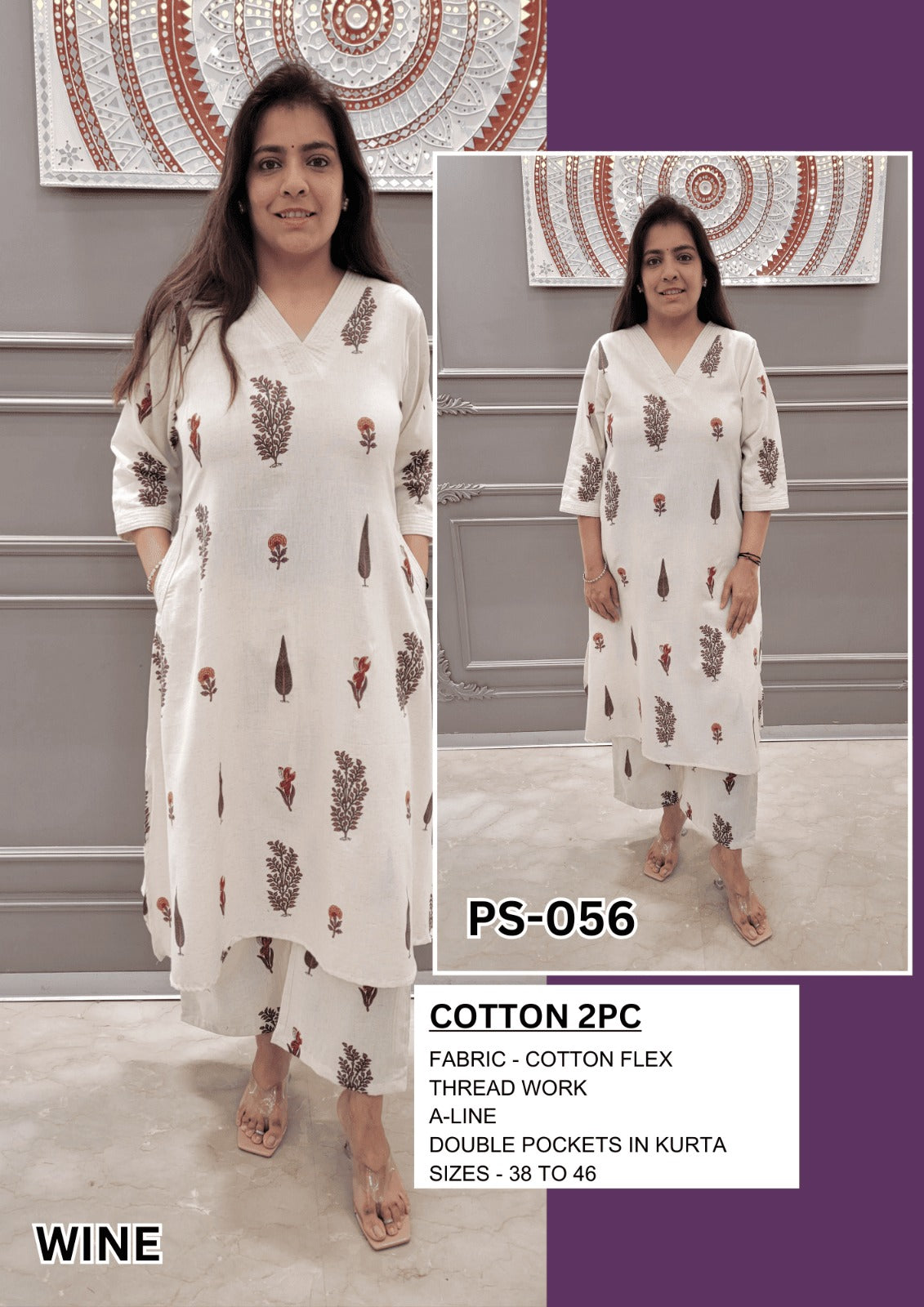 Meeval Cotton 2 PC Co-ord Set With Thread Work & Double Pockets LP