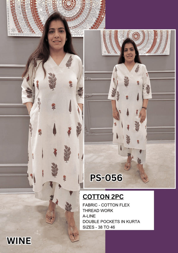 Meeval Cotton 2 PC Co-ord Set With Thread Work & Double Pockets LP