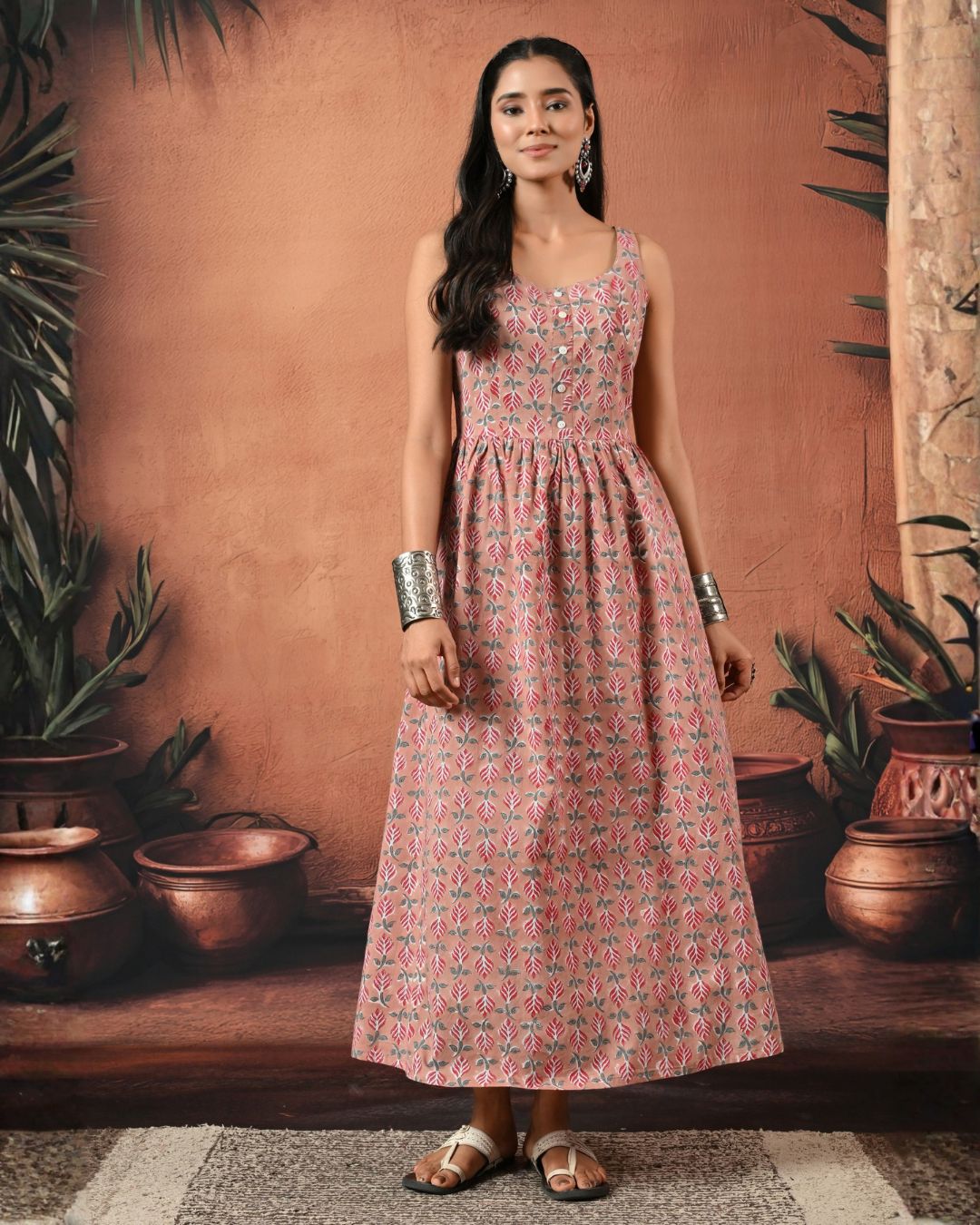 Reah Pink Hand Block Maxi Dress Bo
