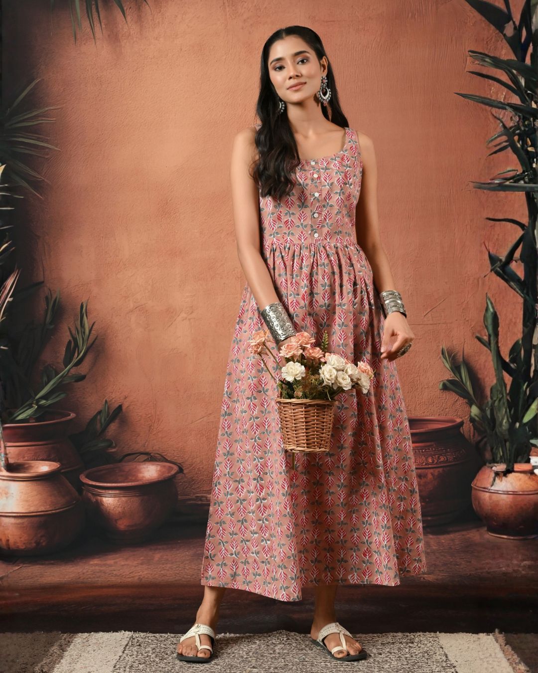 Reah Pink Hand Block Maxi Dress Bo