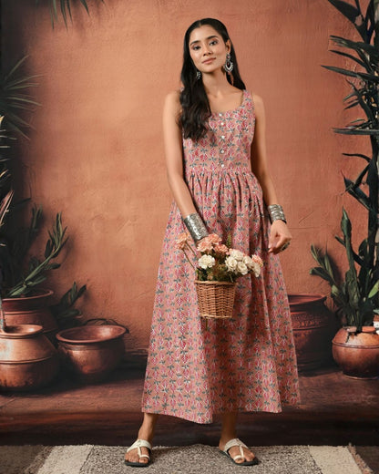 Reah Pink Hand Block Maxi Dress Bo