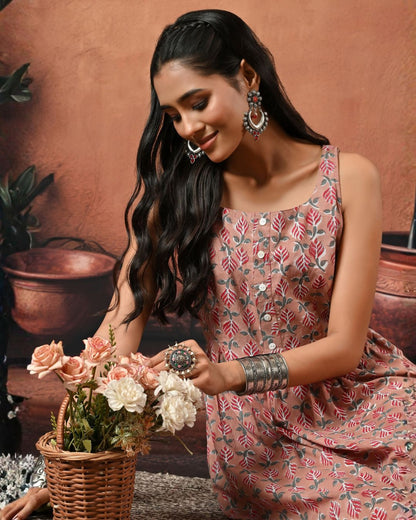 Reah Pink Hand Block Maxi Dress Bo