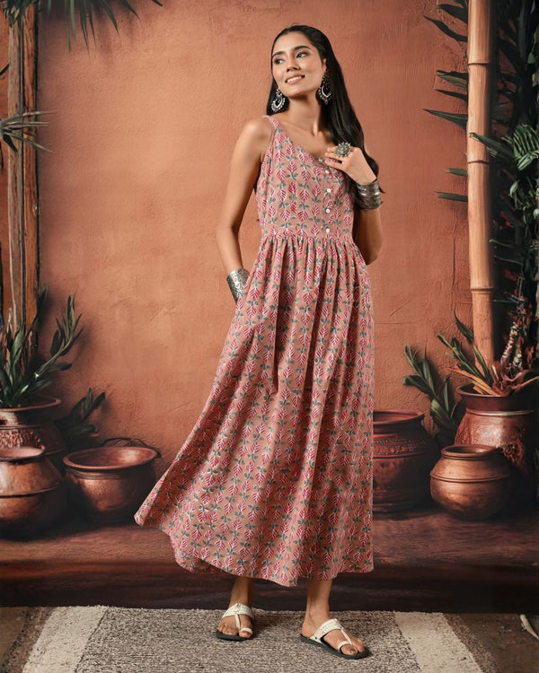 Reah Pink Hand Block Maxi Dress Bo
