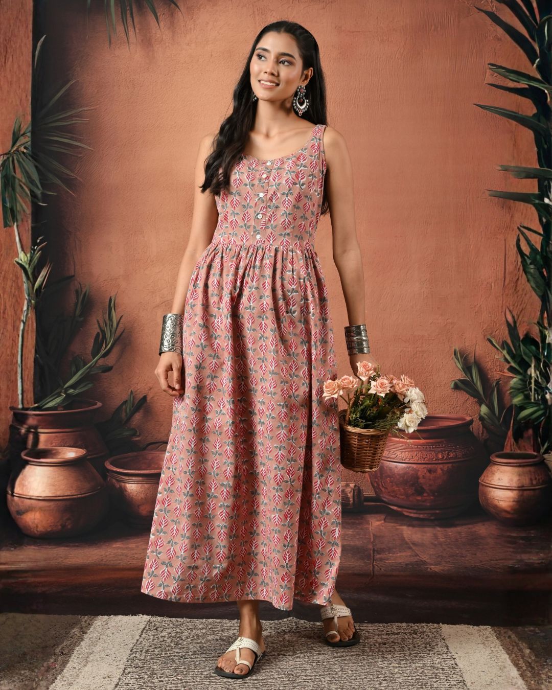 Reah Pink Hand Block Maxi Dress Bo