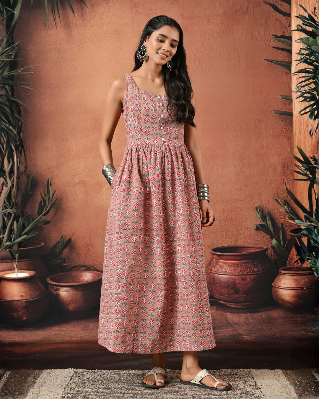 Reah Pink Hand Block Maxi Dress Bo