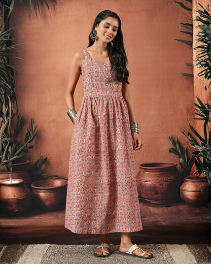 Reah Pink Hand Block Maxi Dress Bo