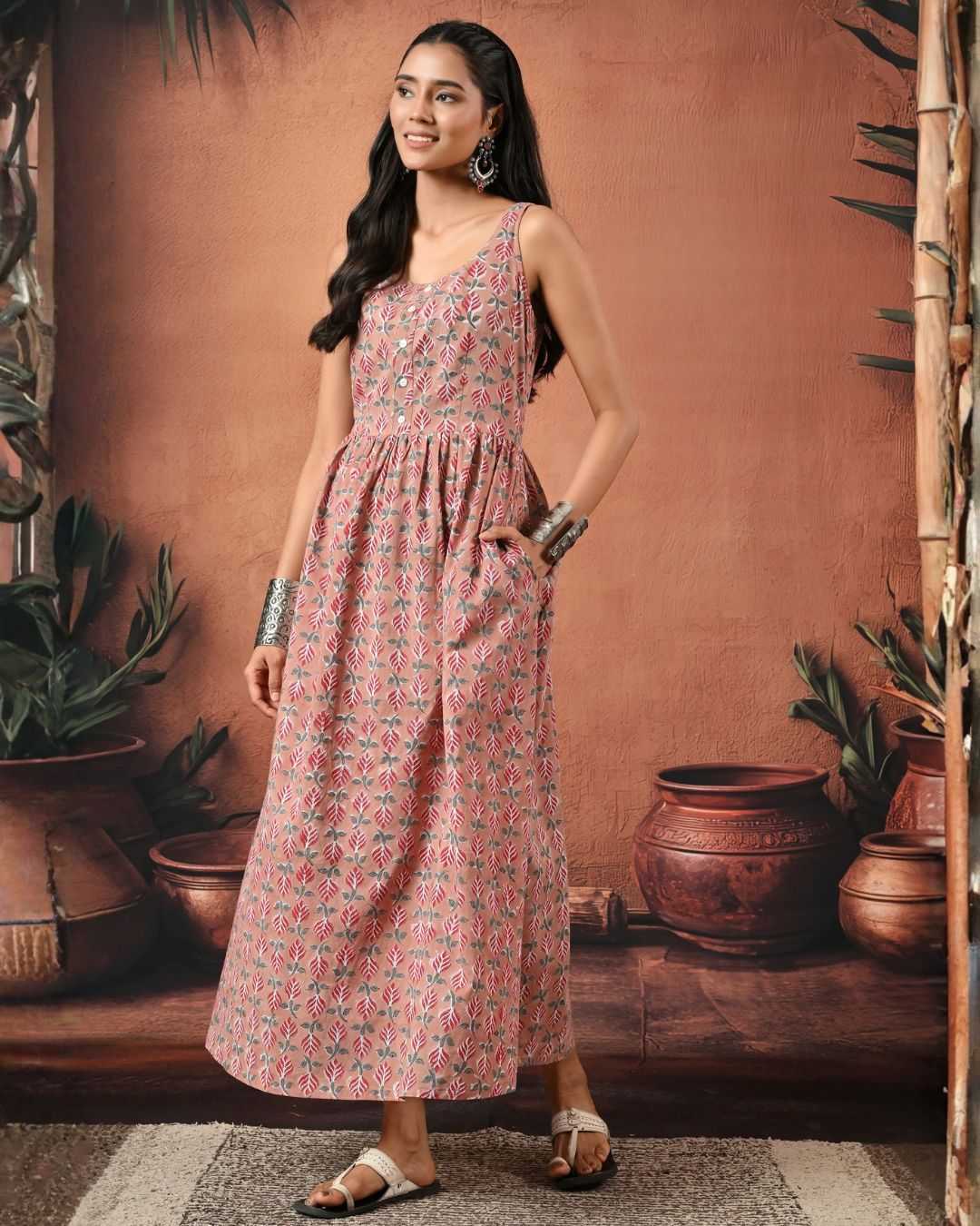 Reah Pink Hand Block Maxi Dress Bo