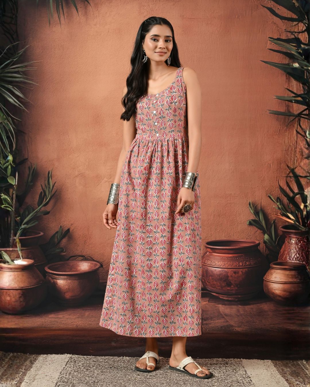 Reah Pink Hand Block Maxi Dress Bo