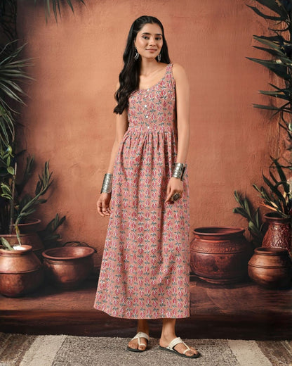Reah Pink Hand Block Maxi Dress Bo