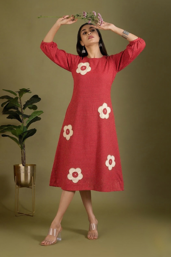 Red_Micro_Grid_Cotton_Peasant_Sleeve_Dress