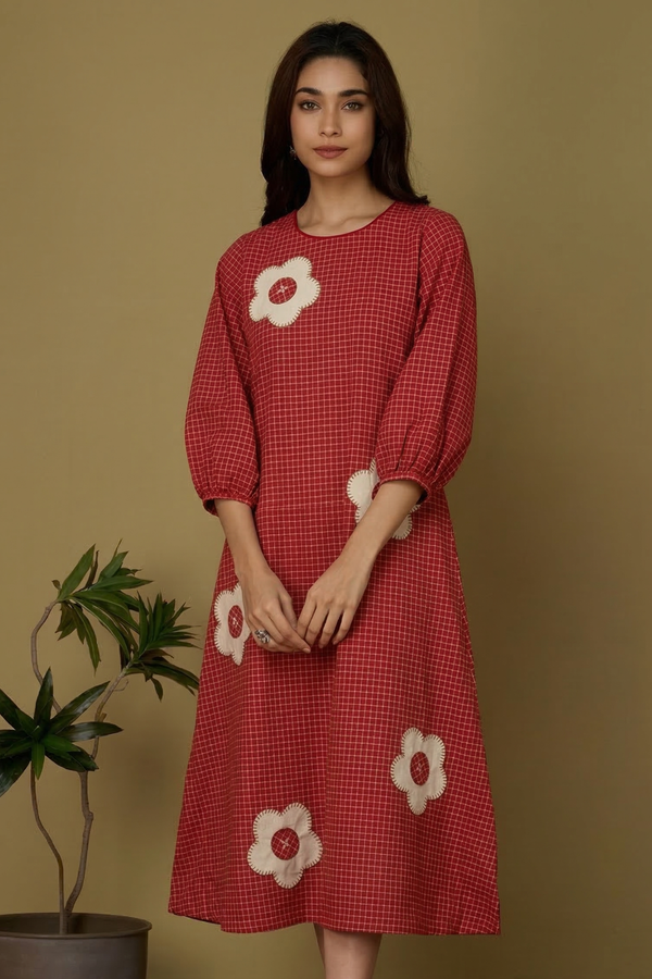 Red_Micro_Grid_Cotton_Peasant_Sleeve_Dress