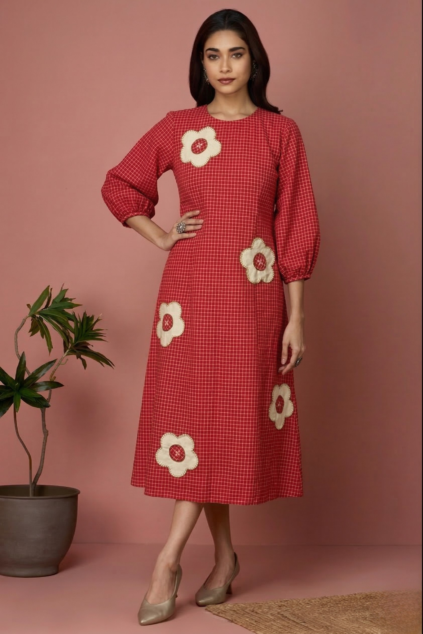 Red_Micro_Grid_Cotton_Peasant_Sleeve_Dress