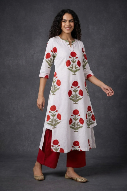 Red Poppy Meadow Cotton Long Kurta Top With Side Twist Mc