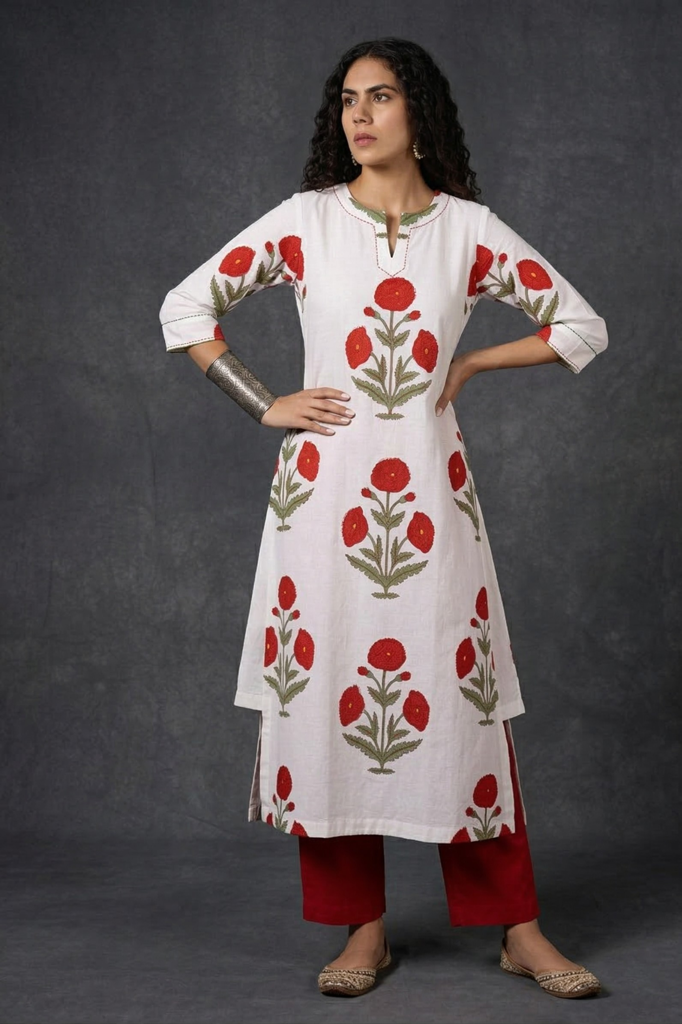 Red Poppy Meadow Cotton Long Kurta Top With Side Twist Mc
